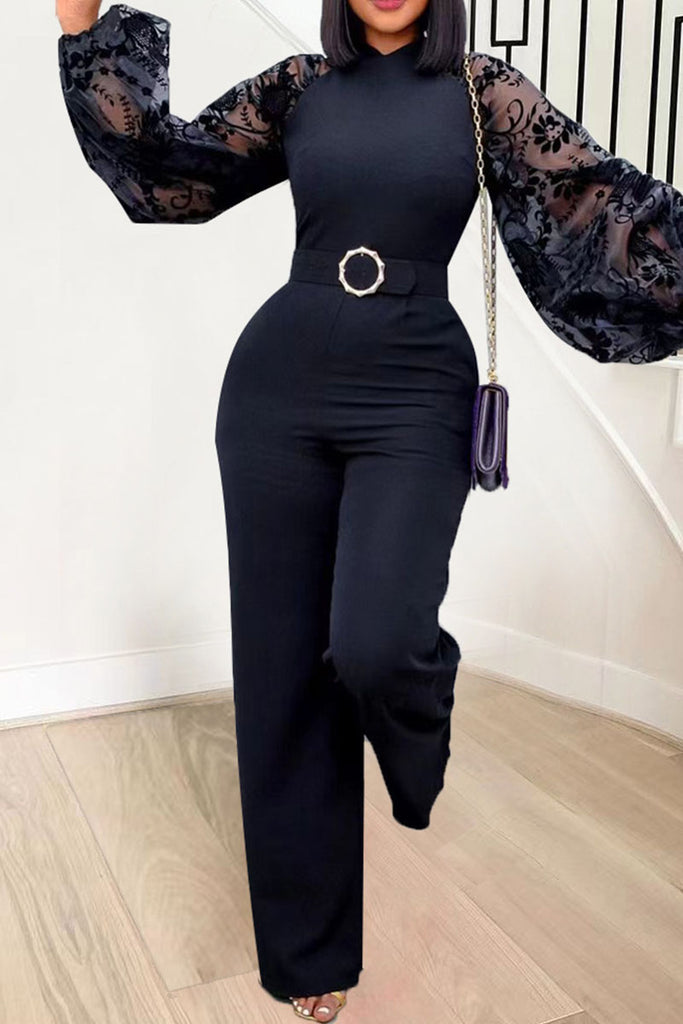 Elegant Solid Patchwork See-through O Neck Straight Jumpsuits(Contain The Belt)