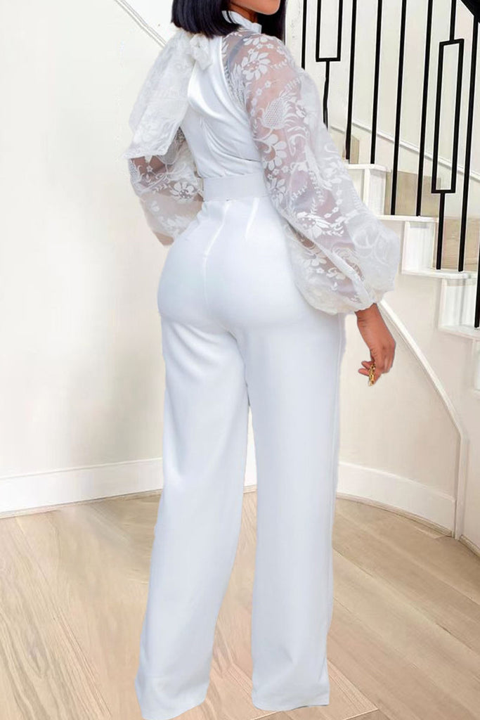 Elegant Solid Patchwork See-through O Neck Straight Jumpsuits(Contain The Belt)