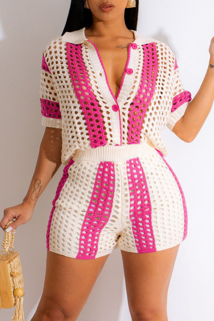 Sexy Hollowed Out Patchwork Buckle Turndown Collar Short Sleeve Two Pieces