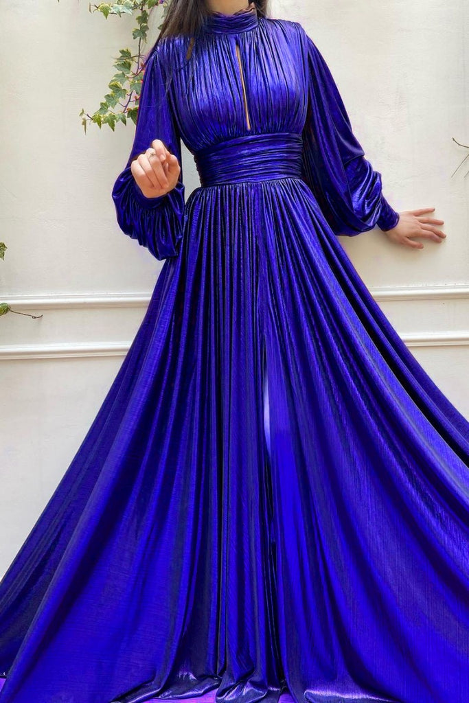 Casual Solid Hollowed Out Slit Turtleneck Long Dress Dresses