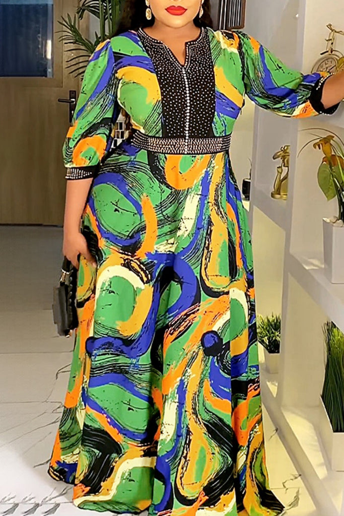 Casual Print Patchwork V Neck Long Dress Plus Size Dresses