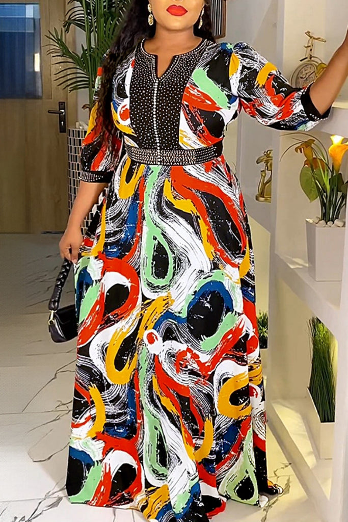 Casual Print Patchwork V Neck Long Dress Plus Size Dresses