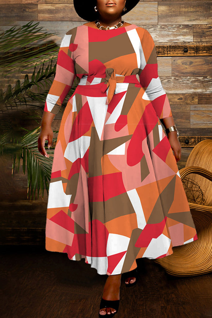 Casual Print Basic O Neck Long Dress Plus Size Dresses