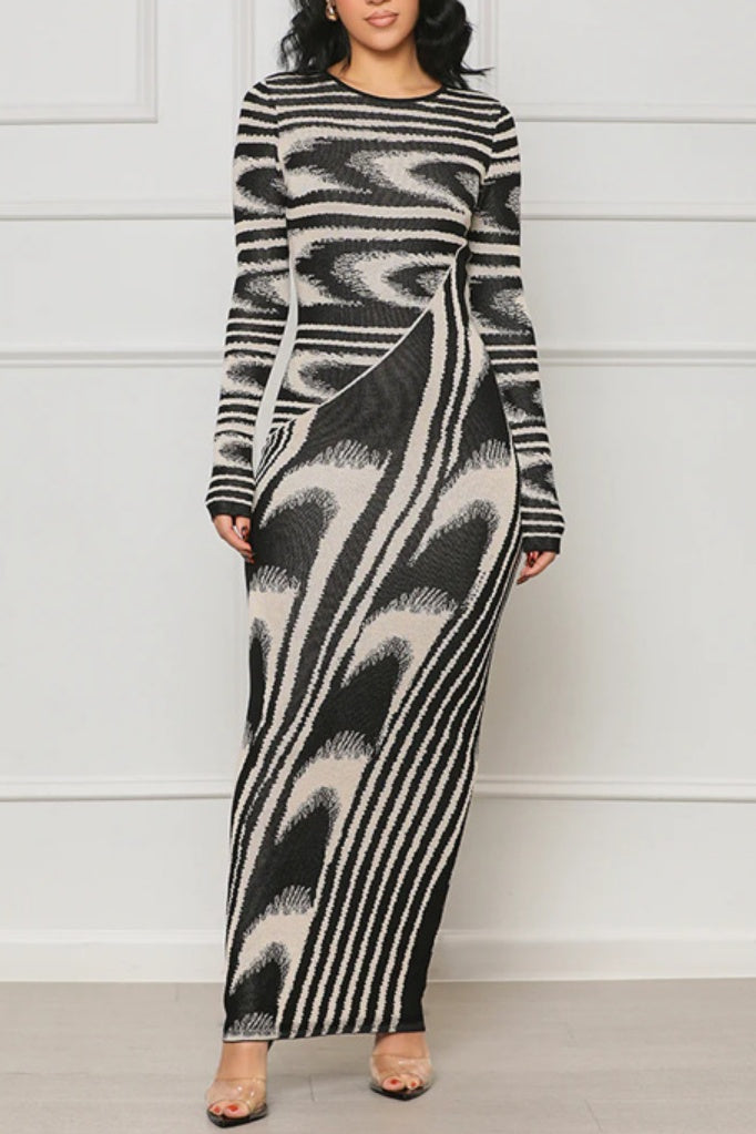 Casual Print Basic O Neck Long Sleeve Dresses