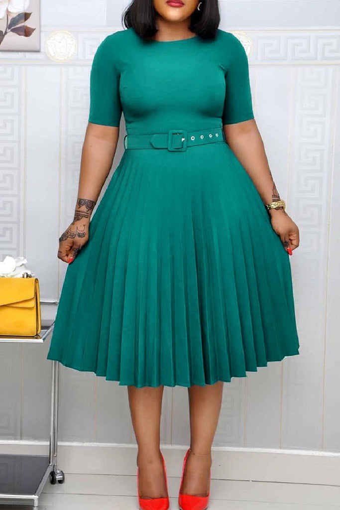 Casual Solid Patchwork With Belt O Neck Pleated Plus Size Dresses