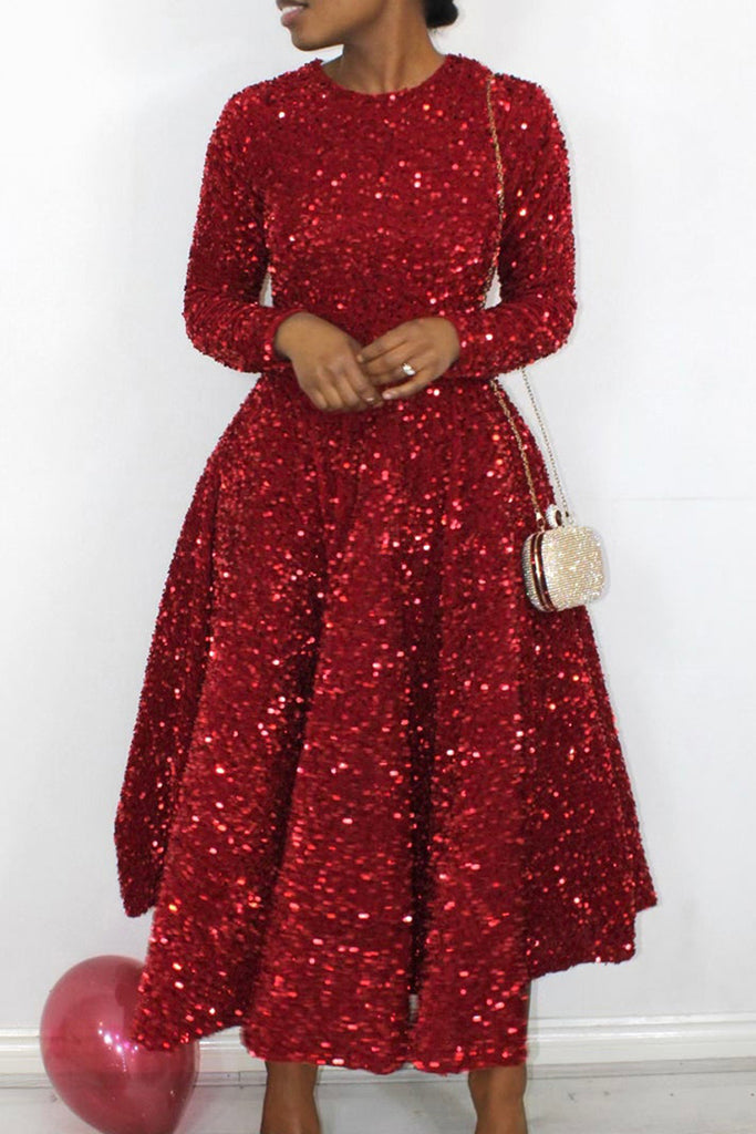 Elegant Solid Sequins Patchwork Zipper O Neck A Line Dresses