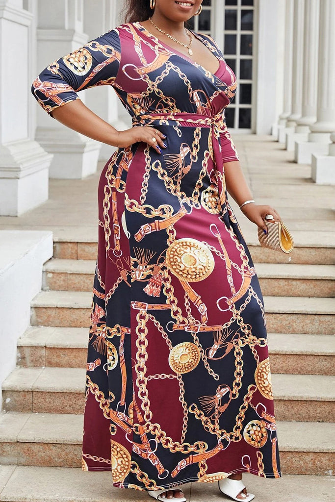 Casual Print Frenulum V Neck Long Dress Dresses