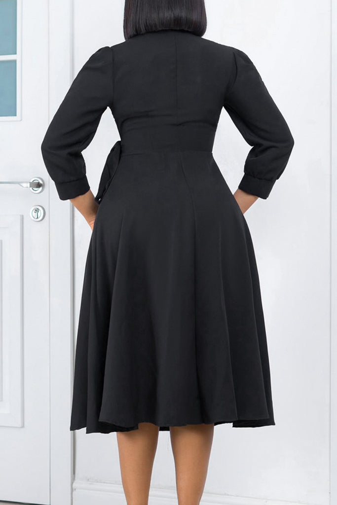 Elegant Solid Patchwork Buttons Fold V Neck A Line Dresses