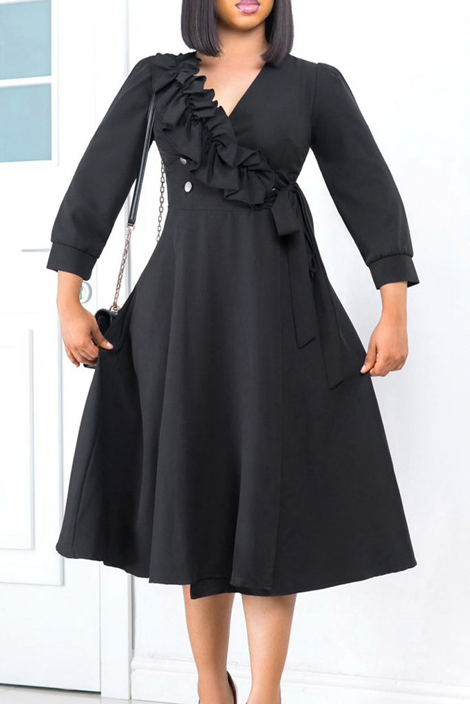 Elegant Solid Patchwork Buttons Fold V Neck A Line Dresses