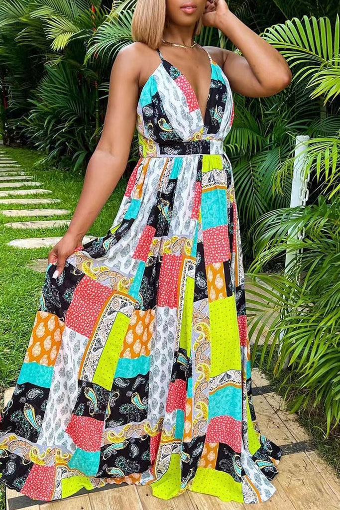 Sexy Casual Print Backless Spaghetti Strap Long Dress