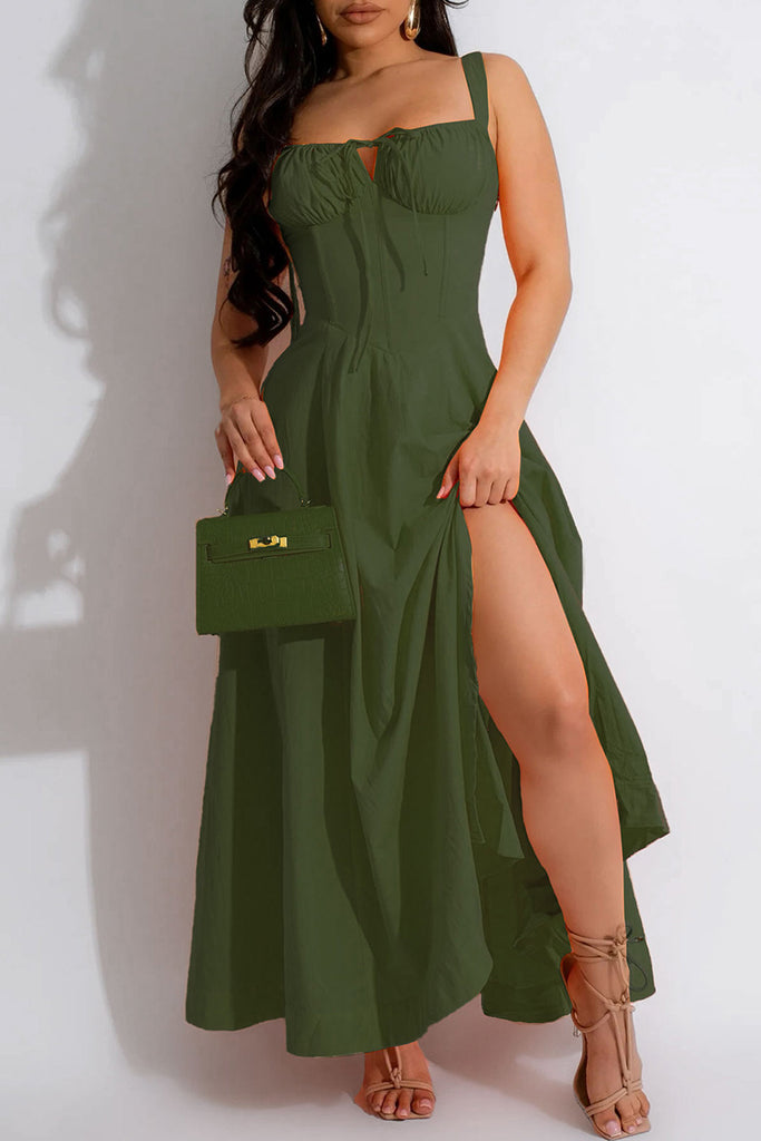 Casual Solid Frenulum Backless Spaghetti Strap Long Dresses