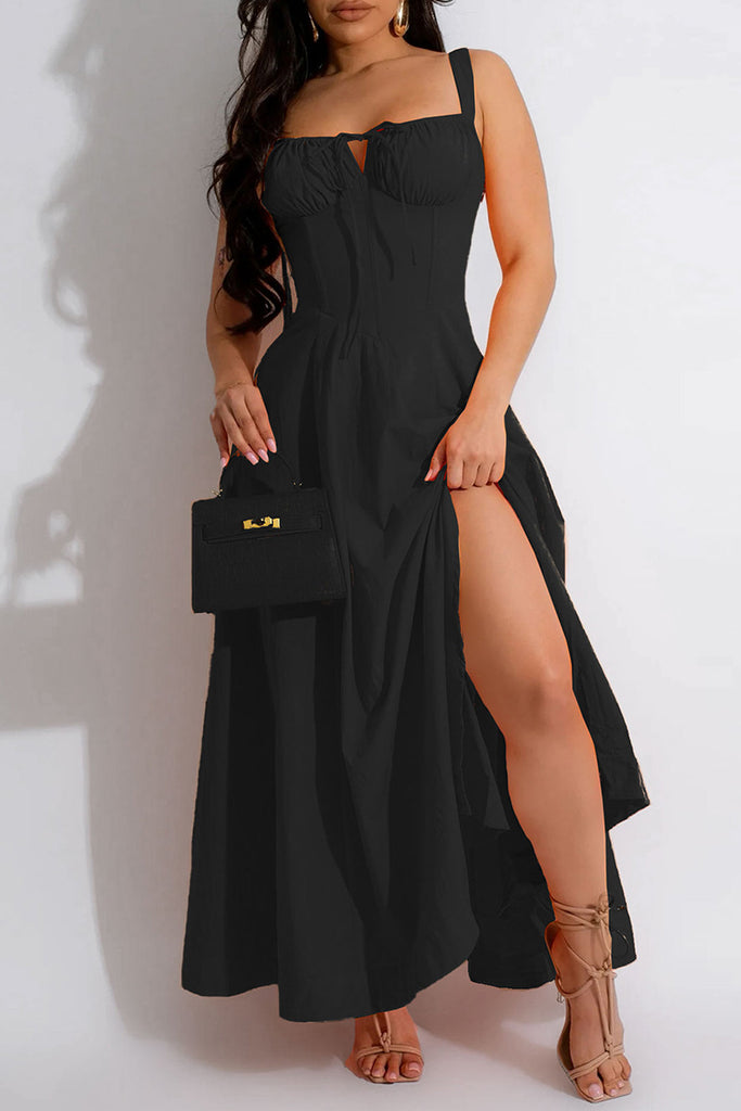 Casual Solid Frenulum Backless Spaghetti Strap Long Dresses