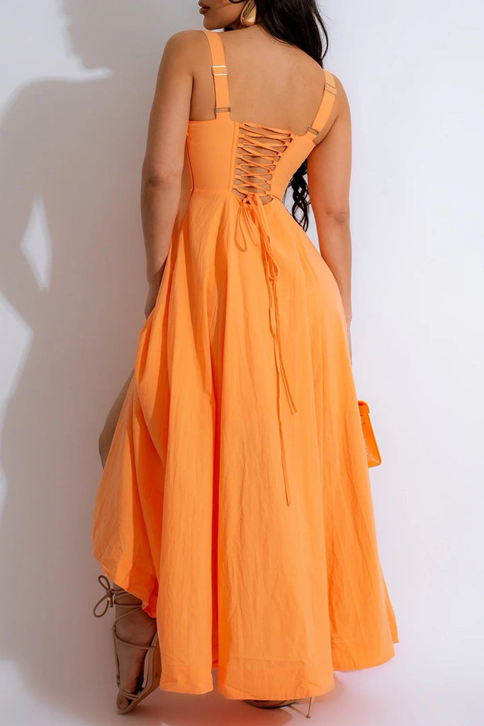 Casual Solid Frenulum Backless Spaghetti Strap Long Dresses