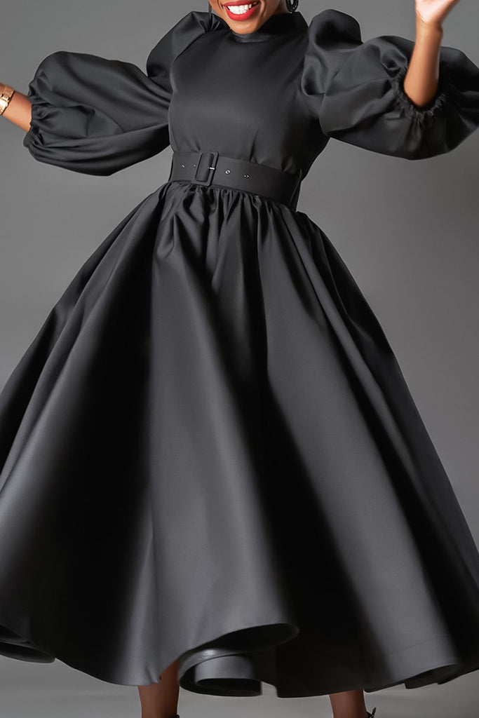 Elegant Solid Patchwork With Belt Half A Turtleneck A Line Dresses