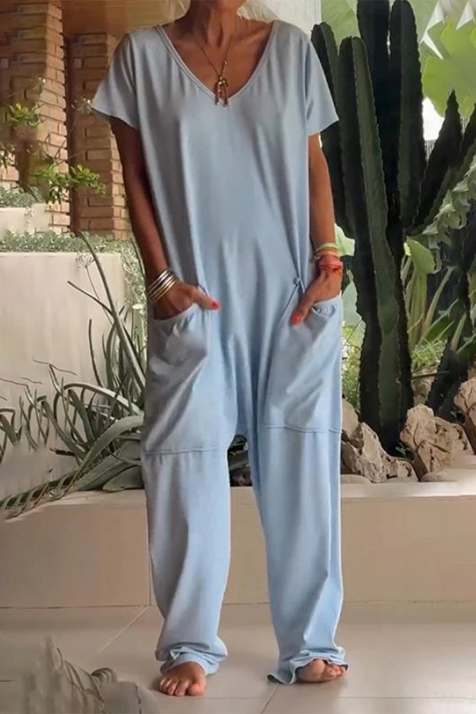 Casual Daily Solid Color Pocket V Neck Loose Jumpsuits