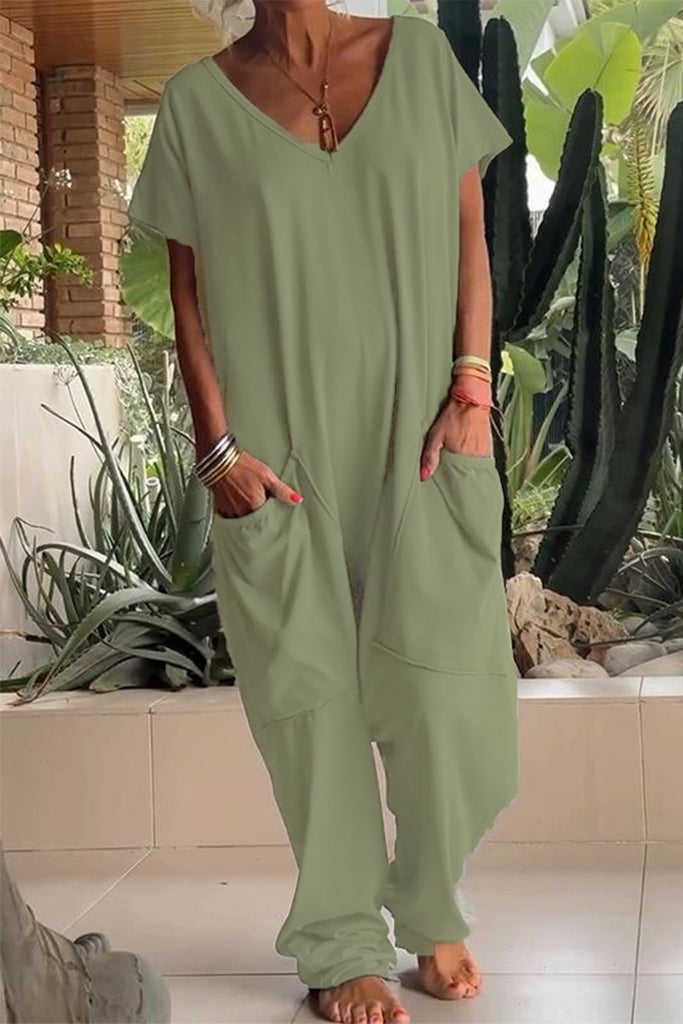 Casual Daily Solid Color Pocket V Neck Loose Jumpsuits