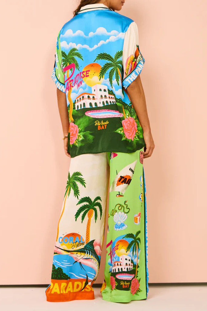Casual Daily Tropical Print Patchwork Contrast Turndown Collar Short Sleeve Two Pieces