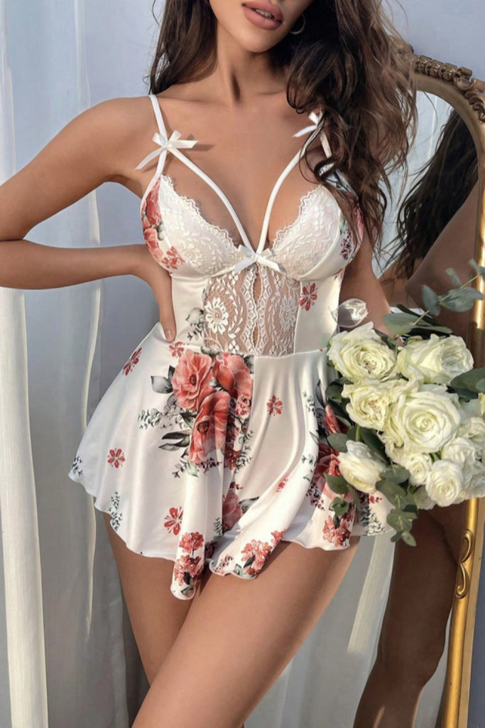 Sexy Floral Print Backless Patchwork Lingerie