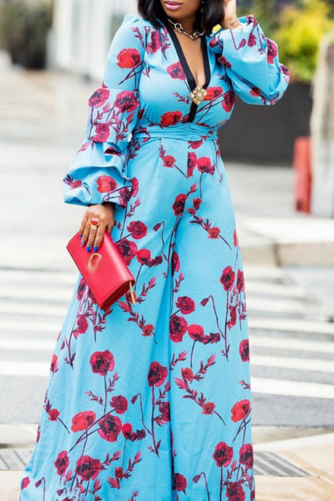 Celebrities Print Patchwork V Neck Loose Jumpsuits