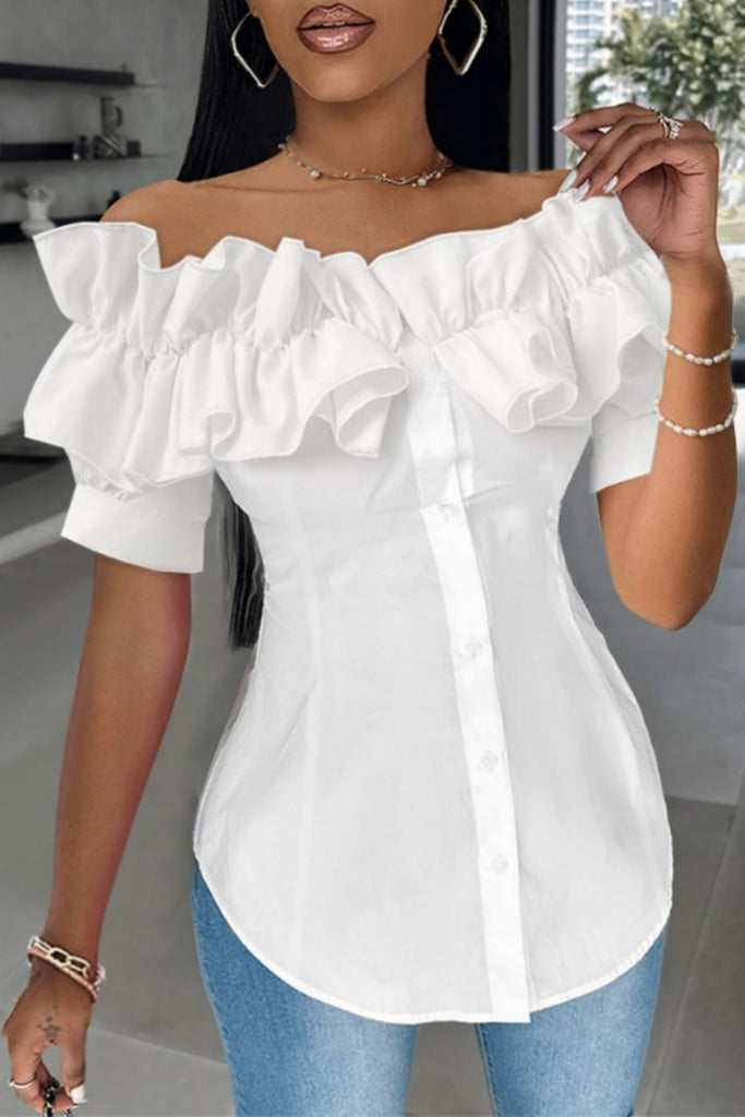 Casual Solid Color Patchwork Off Shoulder Tops