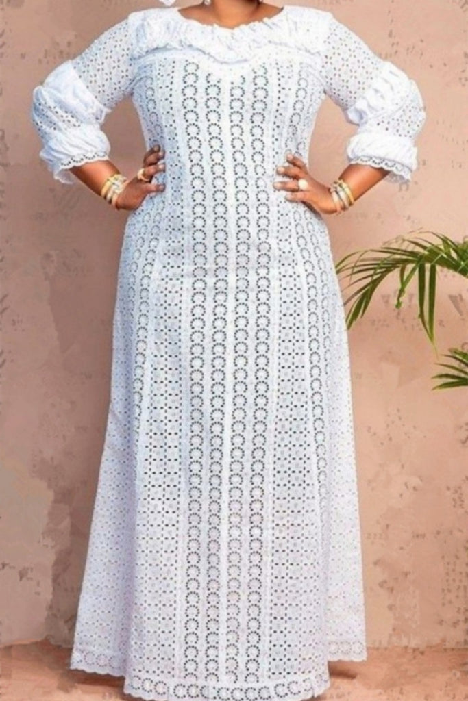 Casual Solid Color Hollow Out Patchwork See-Through O Neck Long Dresses