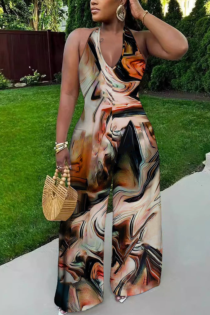 Sexy Casual Print Lace Up Backless Halter Bodycon Jumpsuits