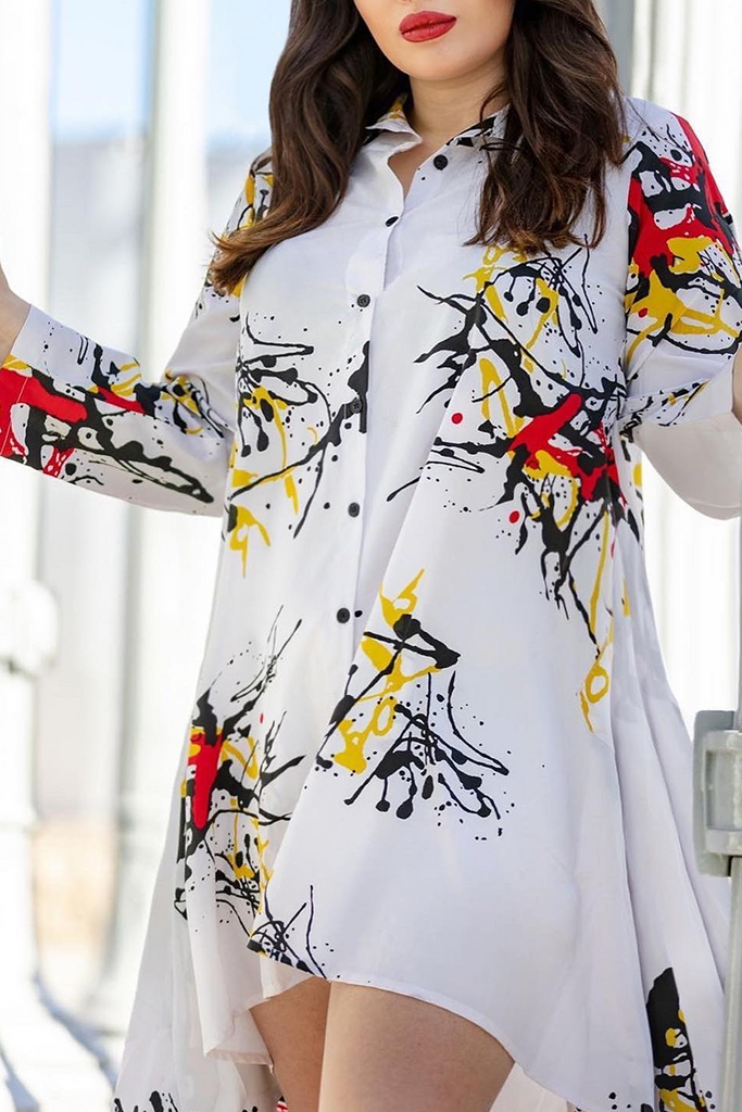 Casual Print Buttons Turndown Collar A Line Dresses