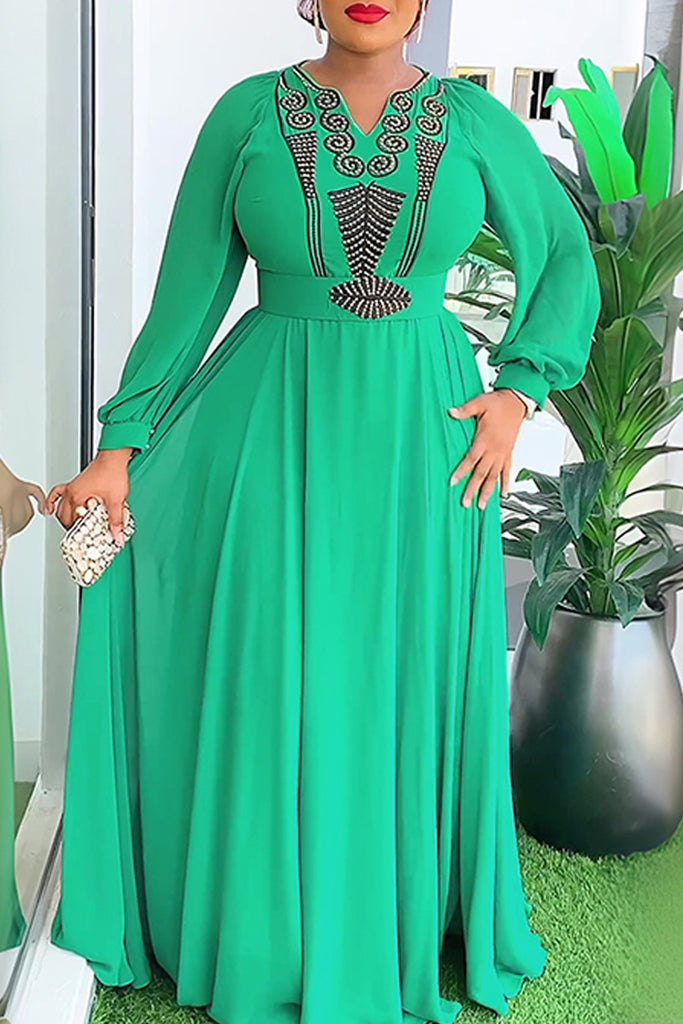 Casual Patchwork With Belt V Neck Long Plus Size Dresses