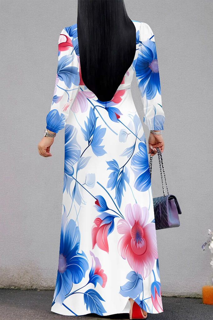 Elegant Flowers Print Lace Up Contrast V Neck Printed Dresses