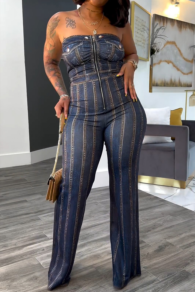 Daily Faux Denim Print Zipper Strapless Straight Jumpsuits