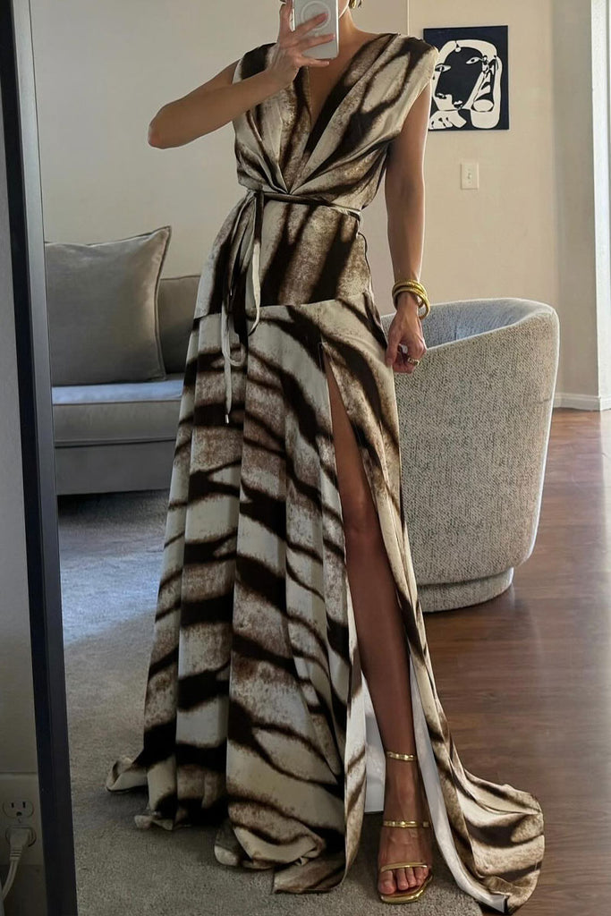 Elegant Striped Print High Slit V Neck A Line Dresses