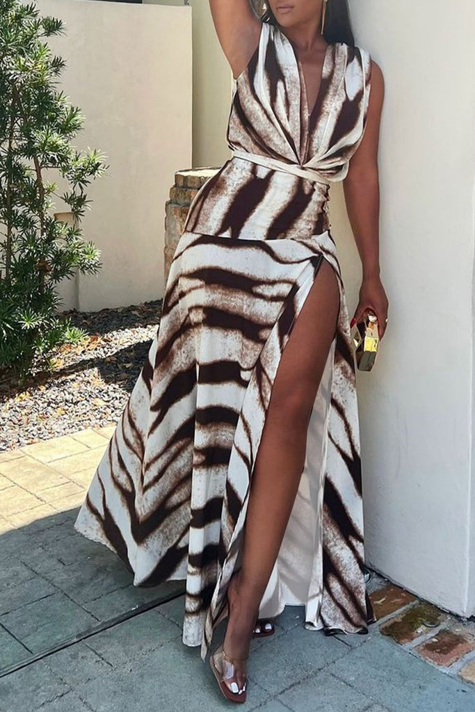 Elegant Striped Print High Slit V Neck A Line Dresses