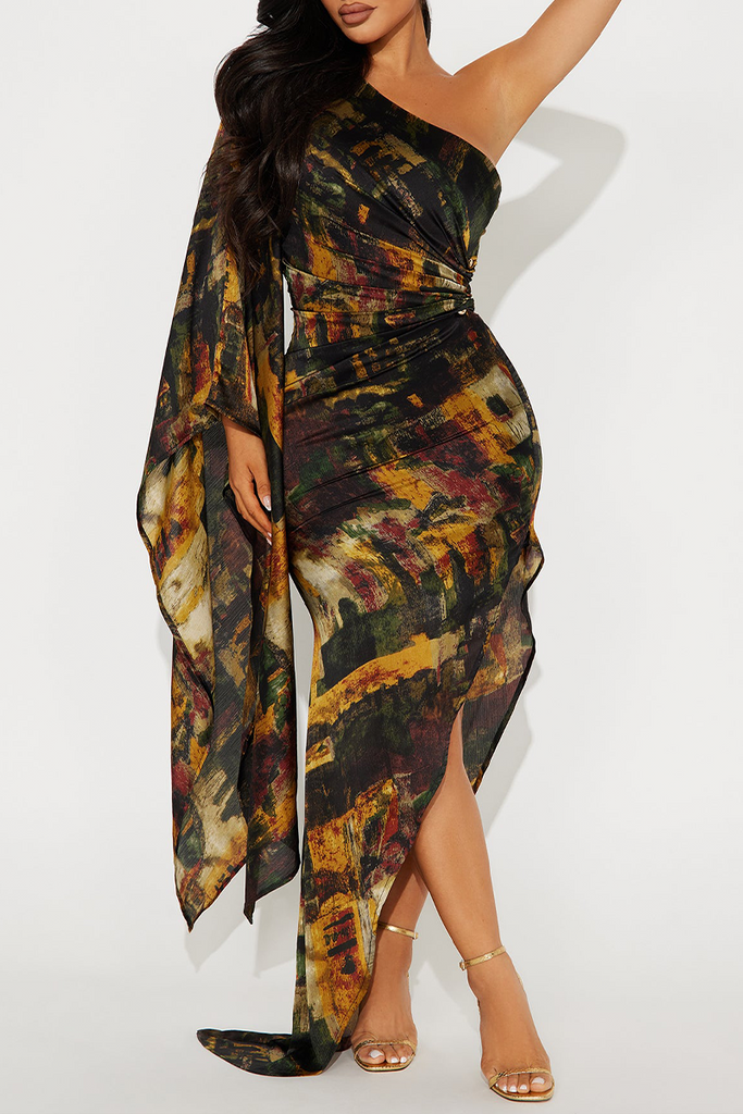 Elegant Print Irregular Irregular Hem One Shoulder Wrapped Skirt Dresses