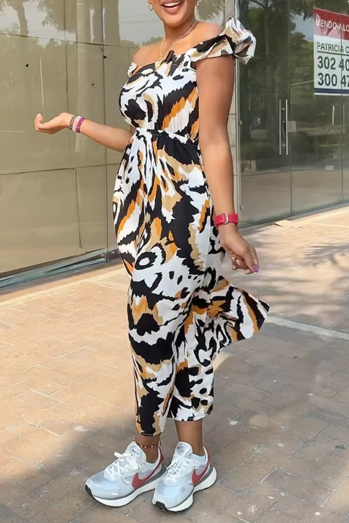 Daily Animal Print Pocket Off Shoulder Long Dresses