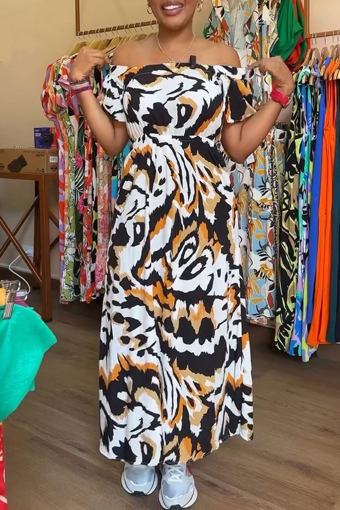 Daily Animal Print Pocket Off Shoulder Long Dresses