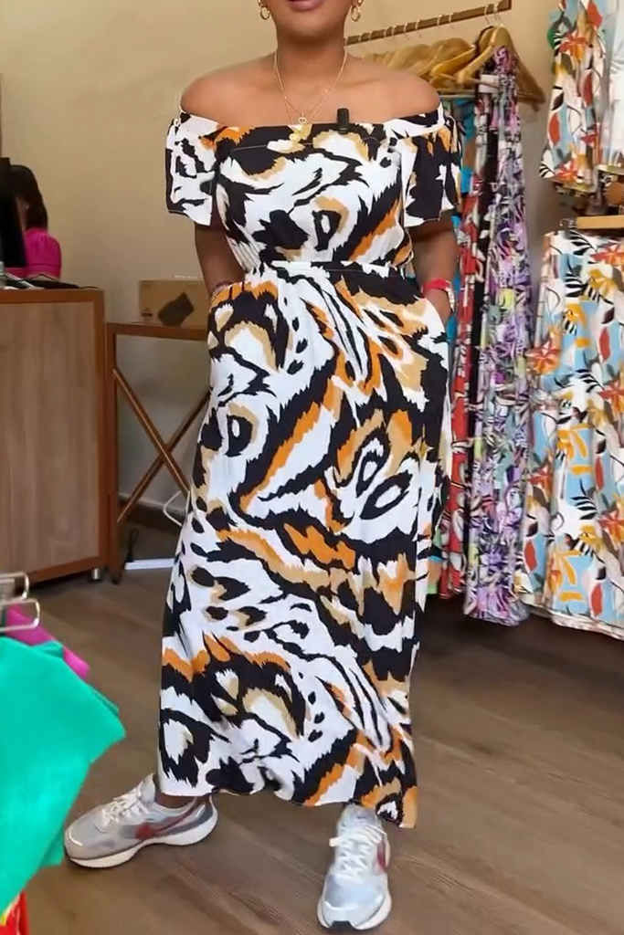 Daily Animal Print Pocket Off Shoulder Long Dresses