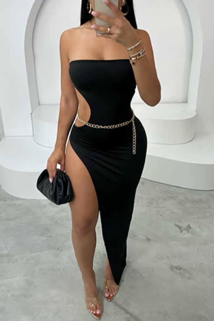 Sexy Solid Color Backless High Slit Strapless Strapless Dresses