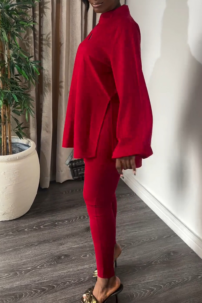 Casual Solid Color Slit Mandarin Collar Long Sleeve Two Pieces