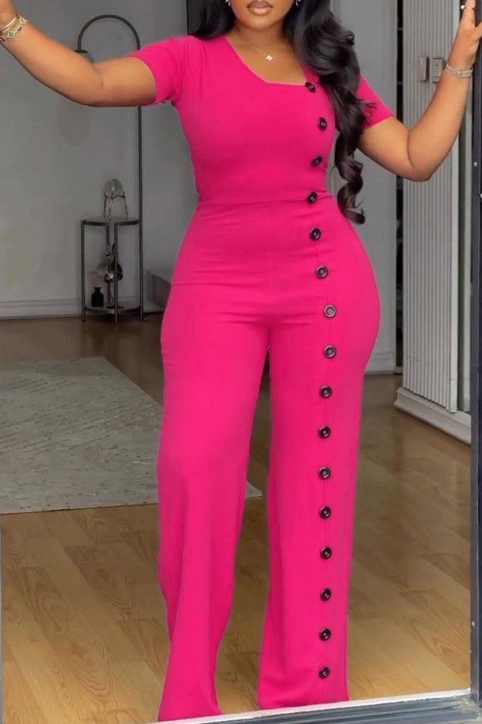 Elegant Solid Color Buckle U Neck Straight Jumpsuits