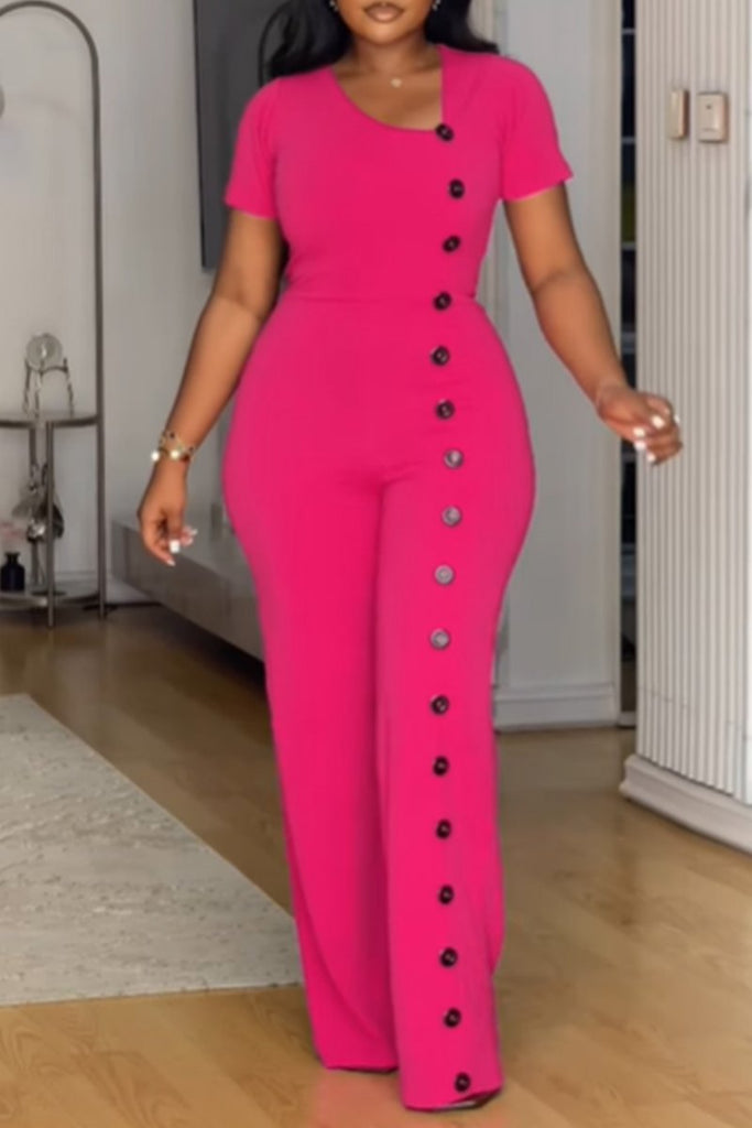 Elegant Solid Color Buckle U Neck Straight Jumpsuits