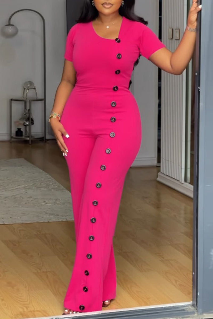 Elegant Solid Color Buckle U Neck Straight Jumpsuits