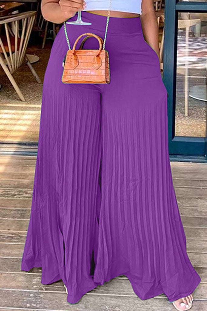 Fashion Casual Solid Fold Regular High Waist Wide Leg Trousers