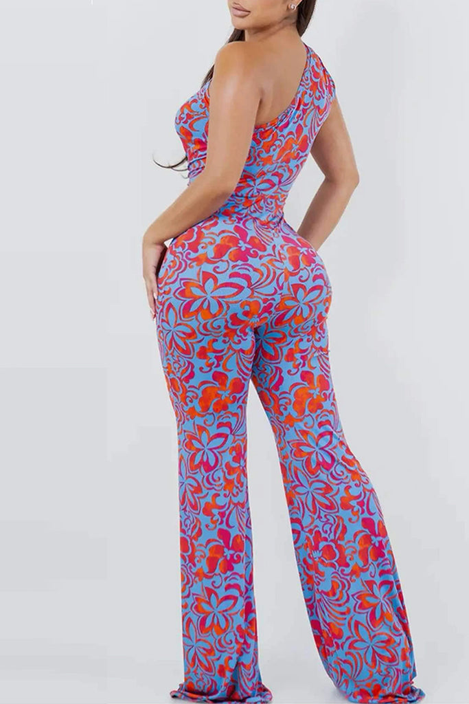 Daily Floral Print Pants One Shoulder Regular Jumpsuits