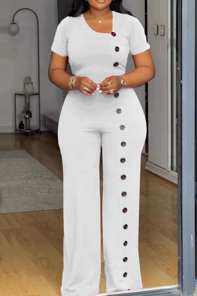 Elegant Solid Color Buckle U Neck Straight Jumpsuits