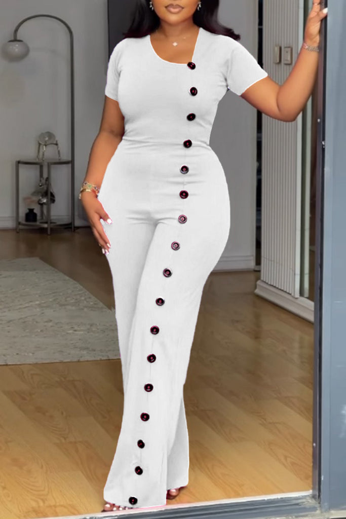 Elegant Solid Color Buckle U Neck Straight Jumpsuits