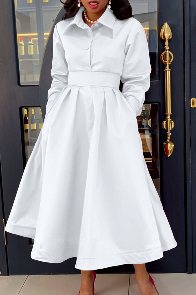 Elegant Solid Color Pocket Buckle Patchwork Turndown Collar Long Dresses