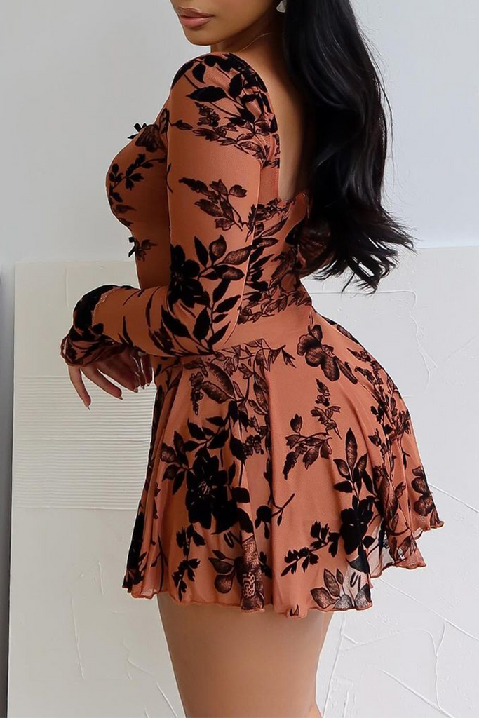 Sexy Floral Print Backless Zipper Square Neck Mini Dresses