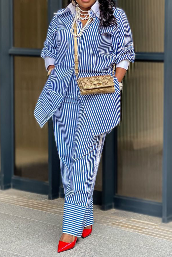 Casual Striped Print Patchwork Turndown Collar Long Sleeve Two Pieces