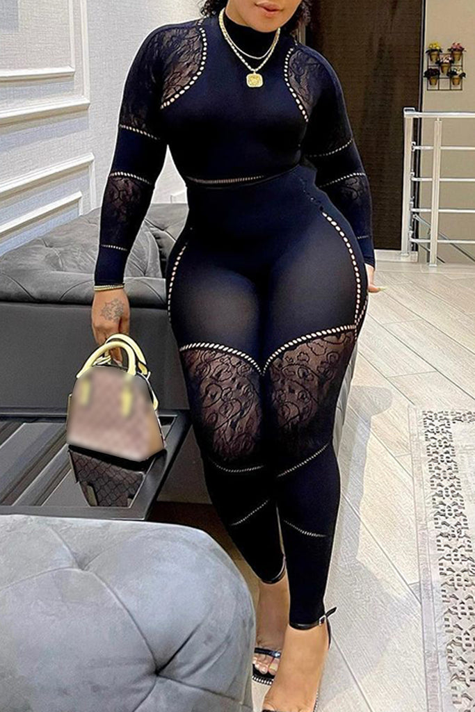 Sexy Hot Solid Color Patchwork See-Through O Neck Skinny Jumpsuits