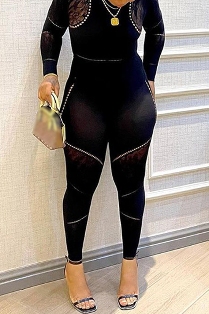 Sexy Hot Solid Color Patchwork See-Through O Neck Skinny Jumpsuits